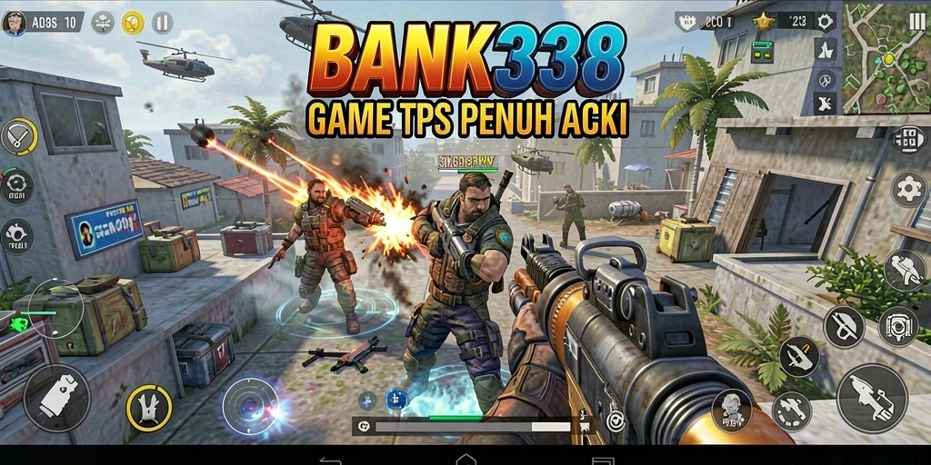 Tangkapan layar utama BANK338 menampilkan aksi seru dalam gameplay TPS.