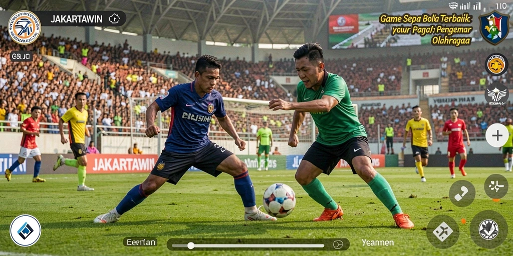 Screenshot utama menunjukkan intensitas pertandingan sepak bola yang mendebarkan.