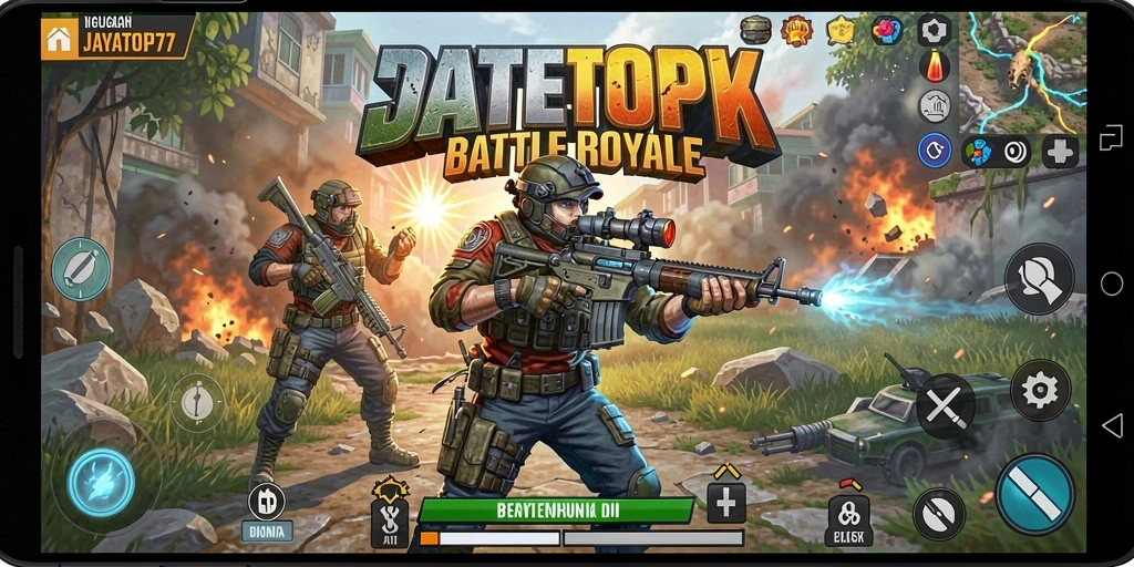 Screenshot gameplay JAYATOP77 menampilkan aksi seru dalam pertempuran Battle Royale.