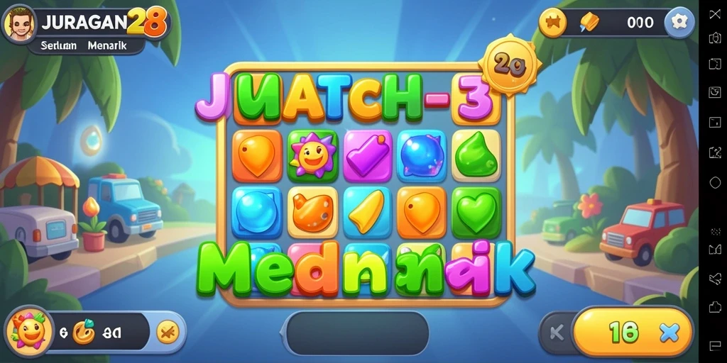 Screenshot gameplay JURAGAN28 memperlihatkan aksi mencocokkan permata yang seru.